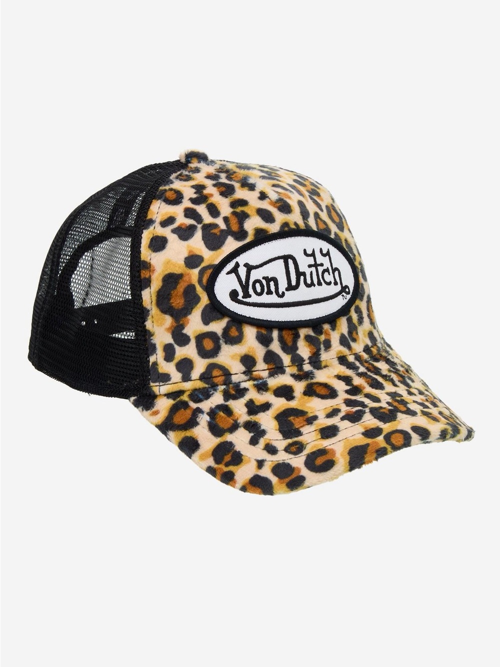 🆕 Von Dutch Fuzzy Leopard Print Trucker Hat Black Mesh Snapback BNWT
